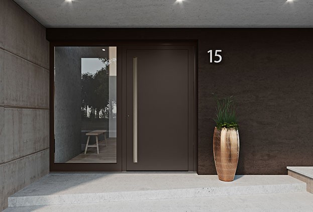 Aluminum front door entrance covered brown