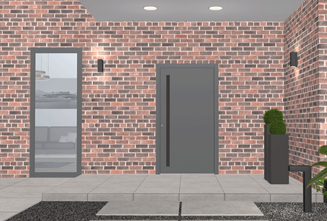 Haustuerkonfigurator-virtuelles Wohnhaus mit Haustuer und Umgebung