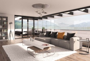 Schallschutz-Schiebetueren und Fensterfront Wohnzimmer