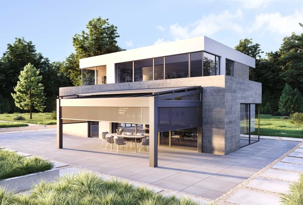 Terrassenueberdachung-Ueberdachung mit Steinfassade und Senkrechtmarkisen